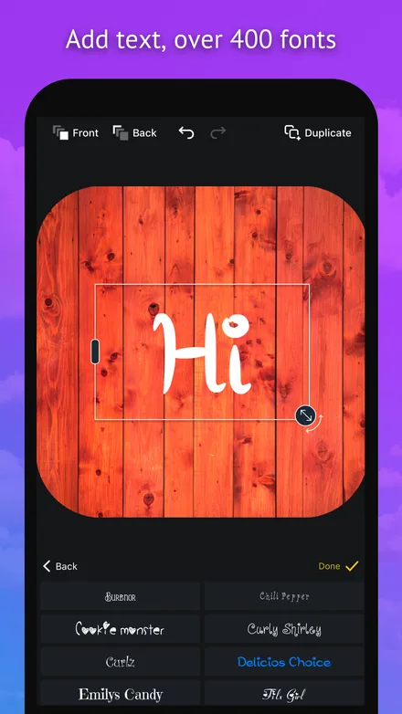 Icon editor writing “Hi” in a rounded script font on a red wood background, with a scrollable list of font choices below